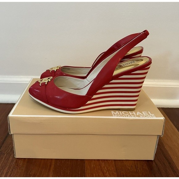 Michael Michael Kors Logo Rochelle Sling Wedge Red 9.5M Patent Leather NEW W/BOX - Picture 1 of 8